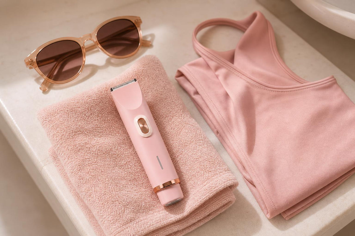 Velisse sobre una toalla rosa junto a un bikini y unas gafas de sol